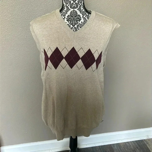 Izod Golf Men's Argyle Sweater Vest V Neck Size Large 100% Cotton Tan ⭐ - Picture 1 of 8
